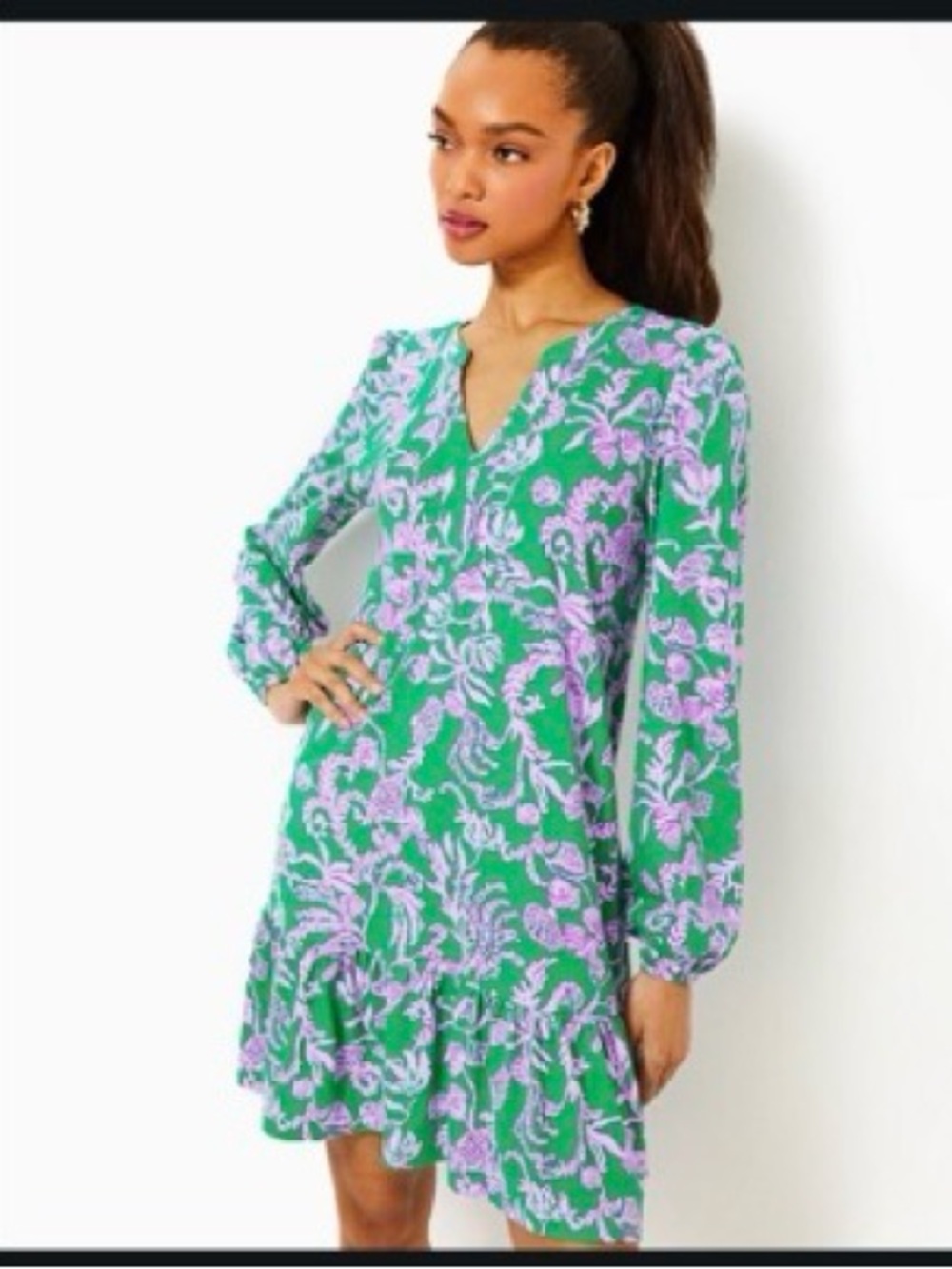 Lilly Pulitzer Alyssa A-Line Dress
Green & Lilac Floral V-Neck Long Sleeve Dress